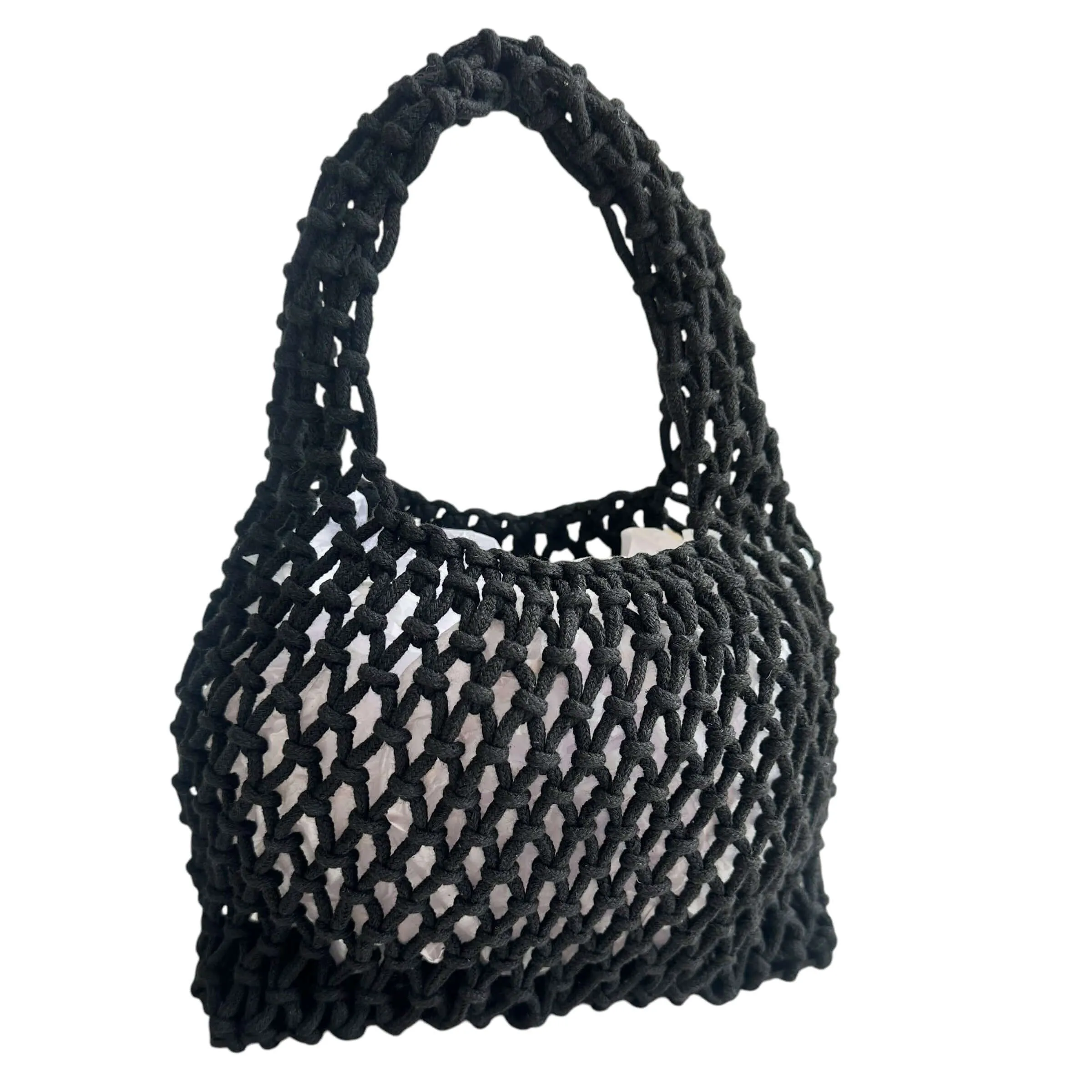 Boho Open Weave Mini Tote Bag - Black