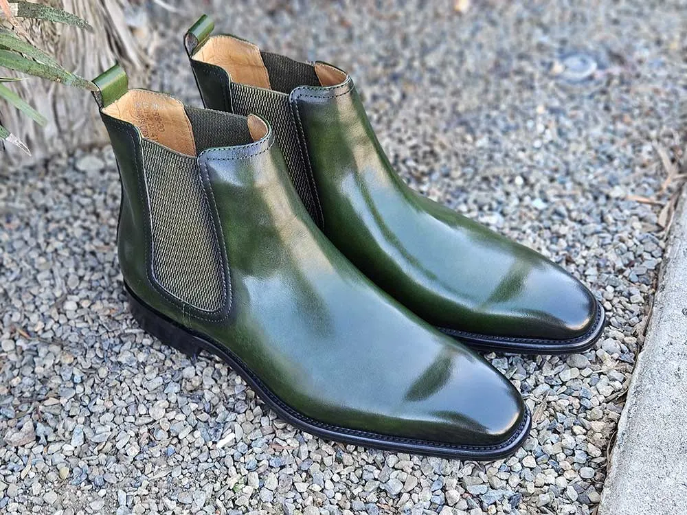 Carrucci Olive Men's Calfskin Leather Slip-on Chelsea Boot Style No: KB509-30