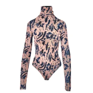 Cheetah-Print Mesh Bodysuit in Beige & Navy