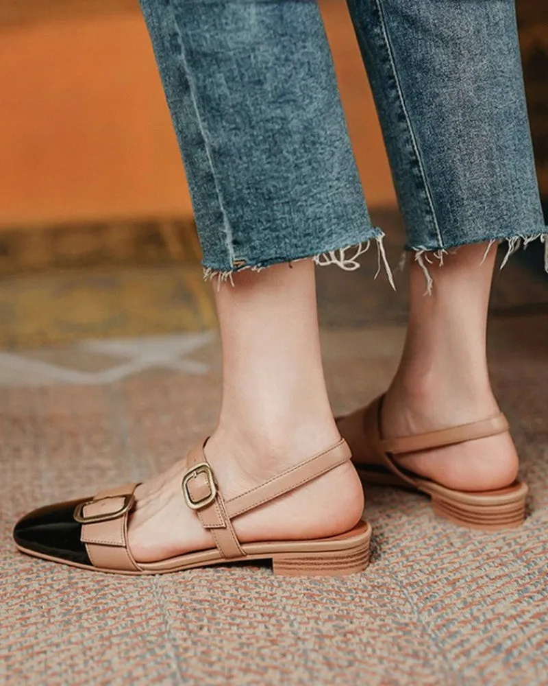 Colorblock Buckled Square Toe Slingback Shoes