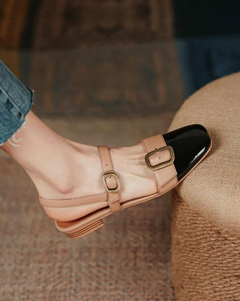 Colorblock Buckled Square Toe Slingback Shoes