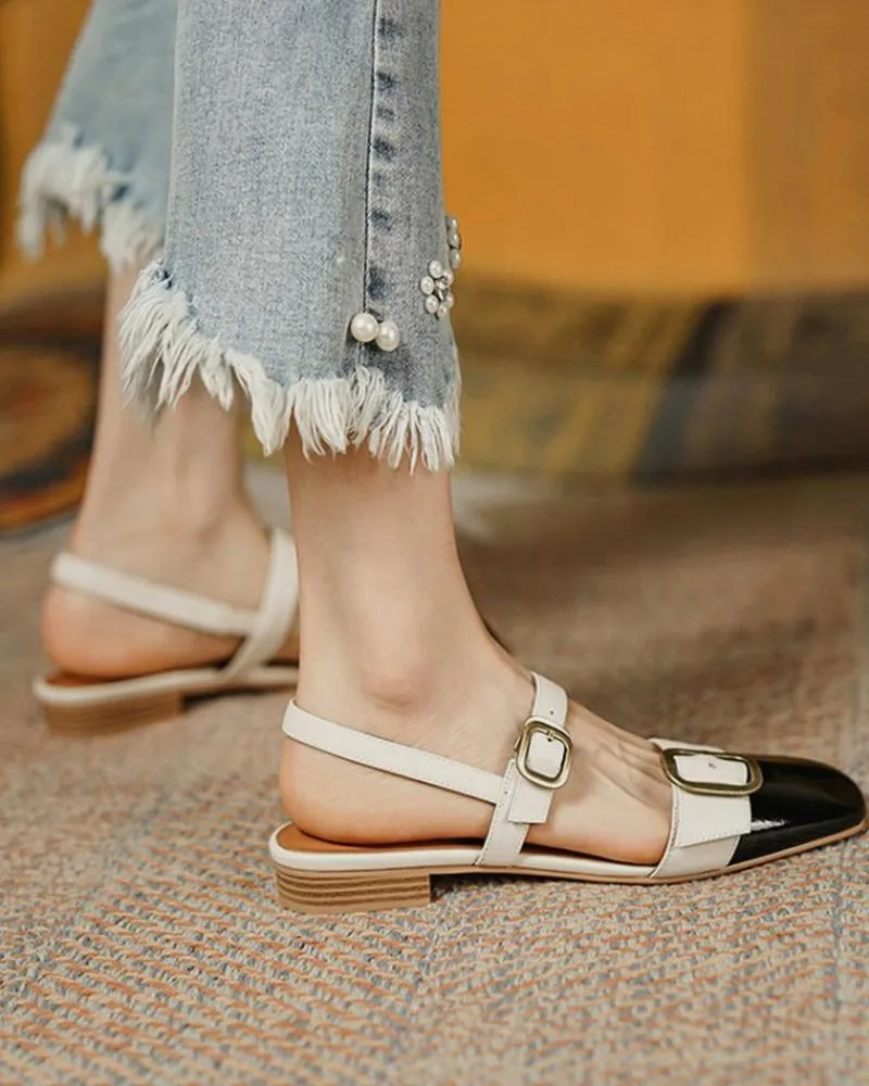 Colorblock Buckled Square Toe Slingback Shoes