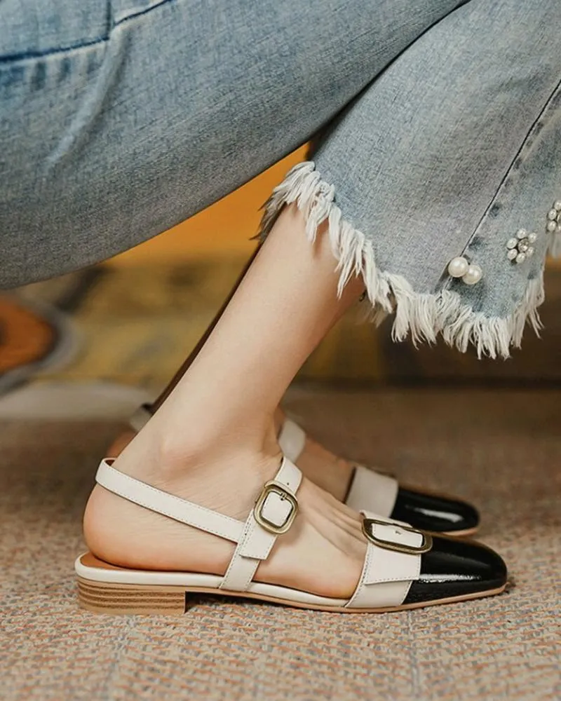 Colorblock Buckled Square Toe Slingback Shoes