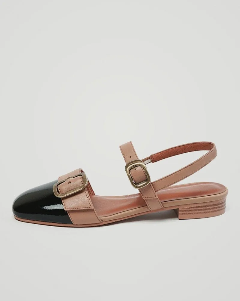 Colorblock Buckled Square Toe Slingback Shoes