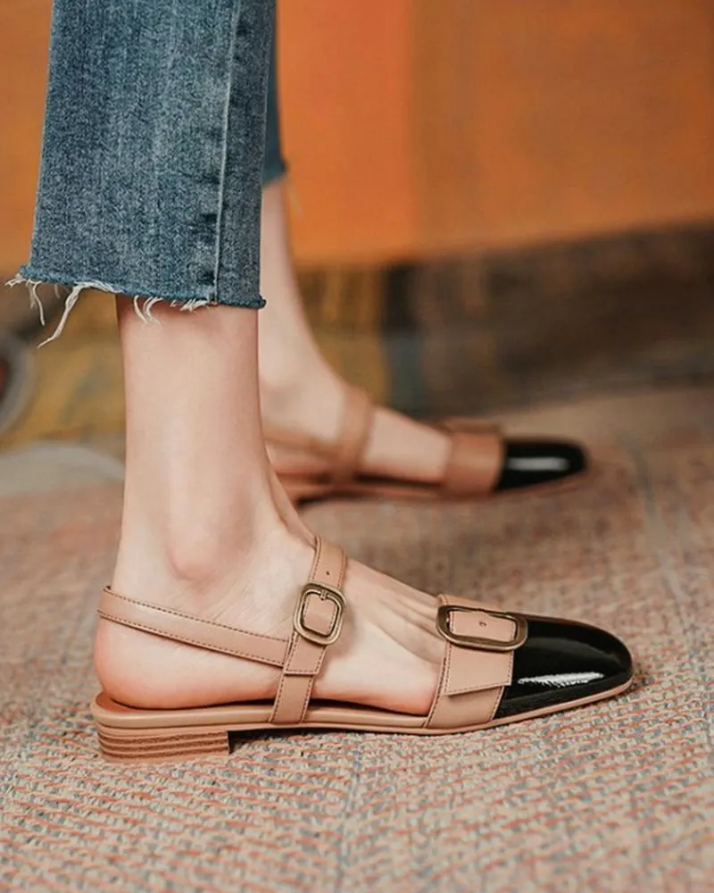 Colorblock Buckled Square Toe Slingback Shoes