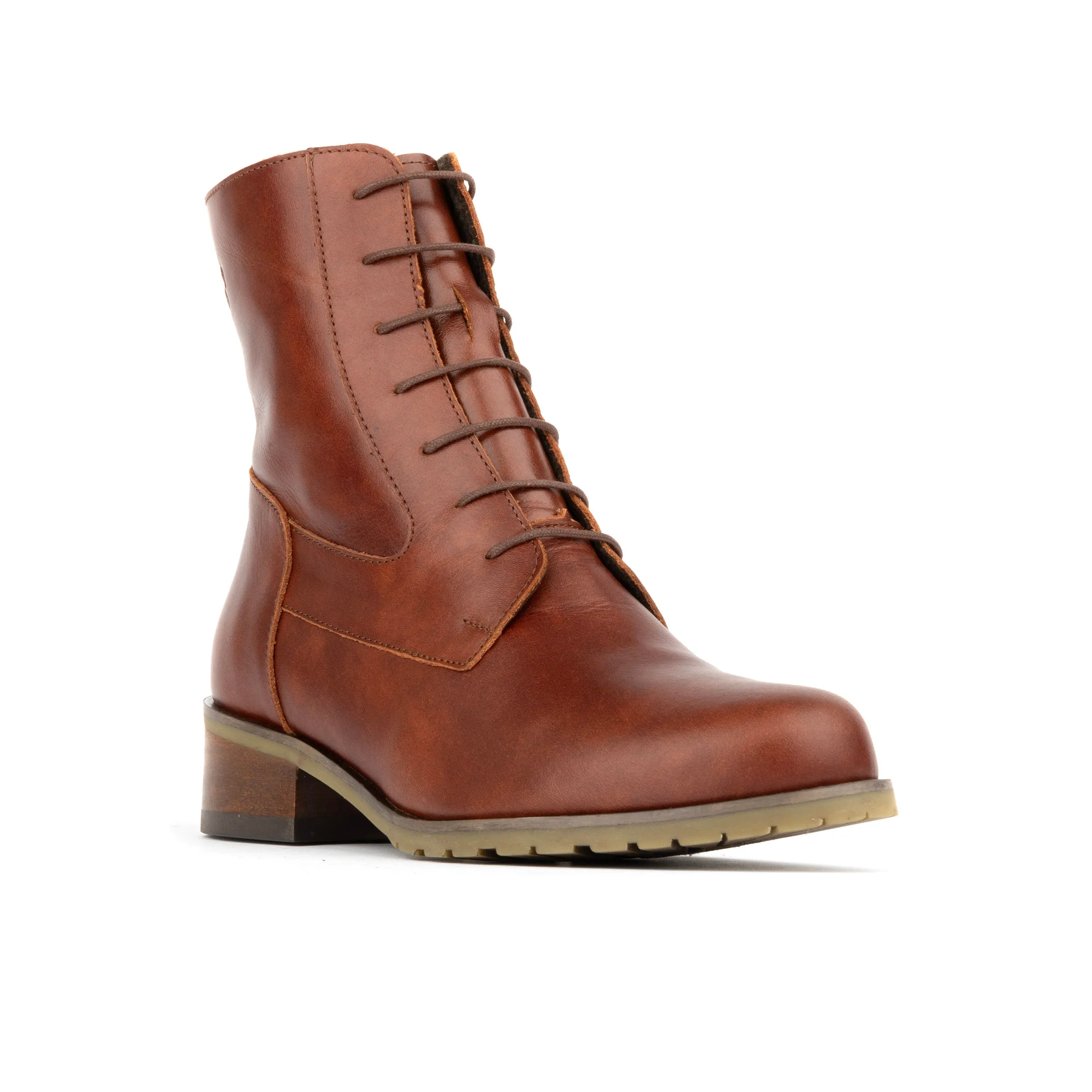 Dinah Wool - Brown - Women's leather lace-up and zip-up round toe combat boot