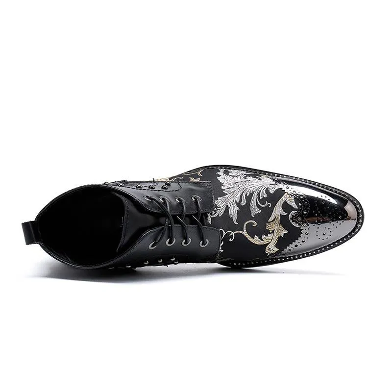 Genuine Leather Baroque Pattern Luxurious Design Men Ankle Boots