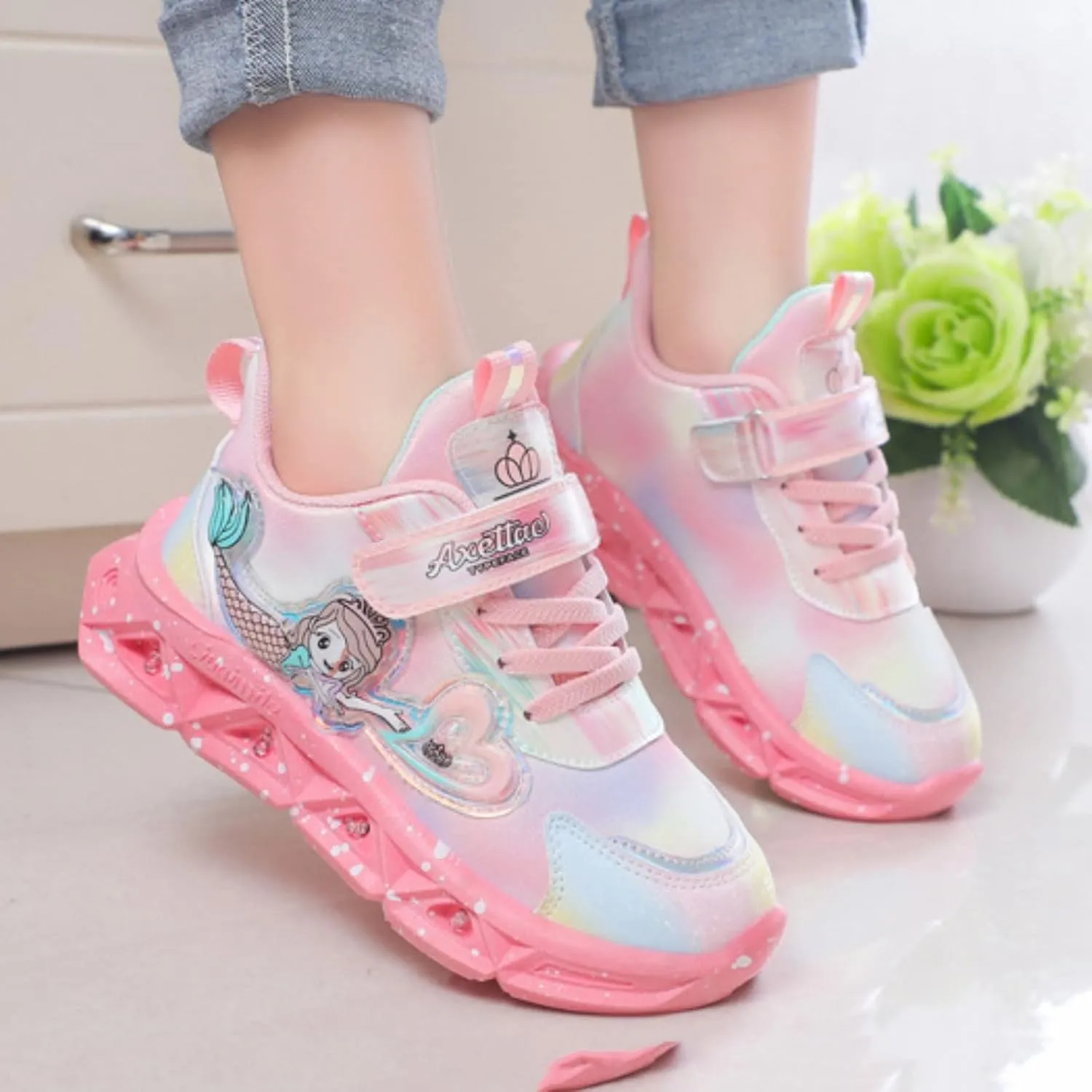 Girls Light Up Princess Shoes Slip On Sneakers Mermaid Shoes Breathable Mesh Sneakers Lightweight for Kids Toddler