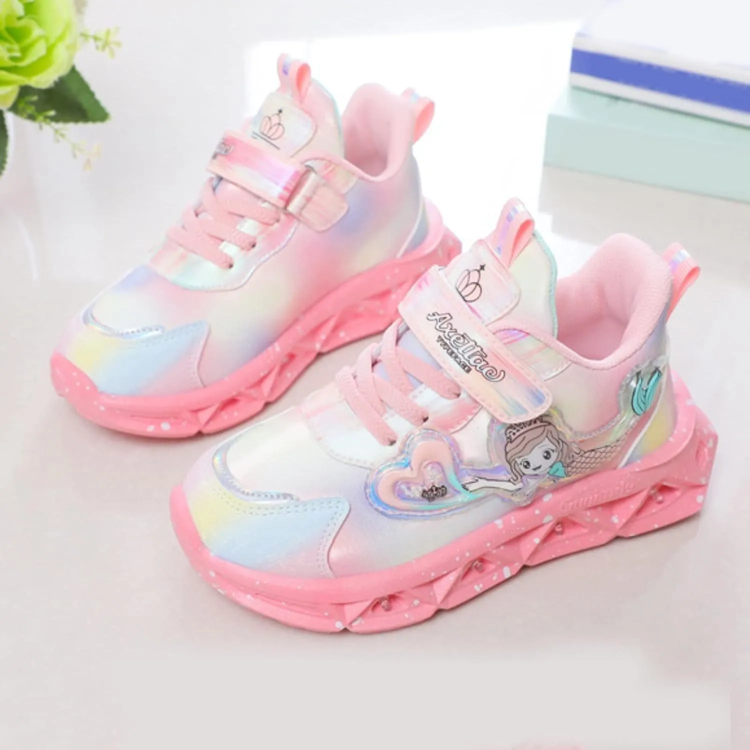Girls Light Up Princess Shoes Slip On Sneakers Mermaid Shoes Breathable Mesh Sneakers Lightweight for Kids Toddler