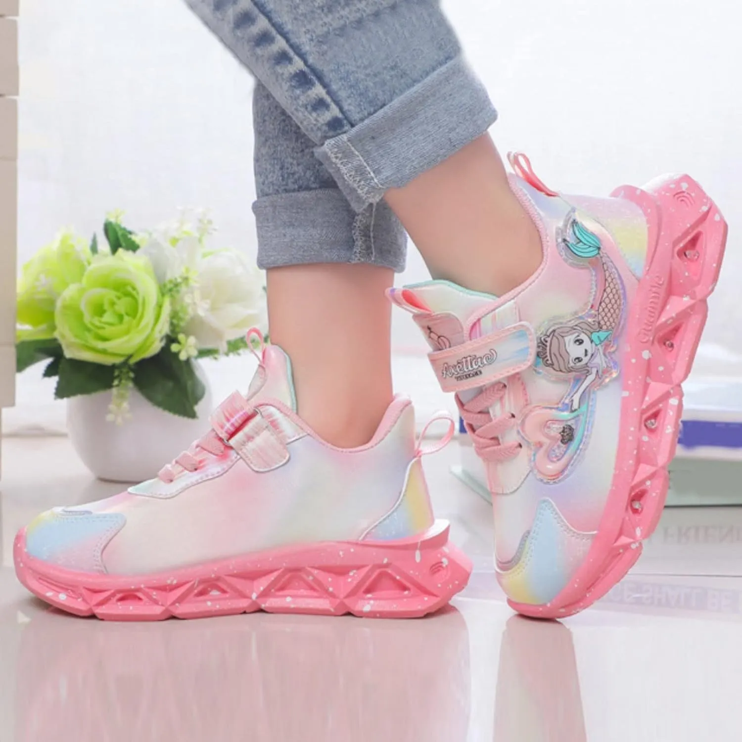 Girls Light Up Princess Shoes Slip On Sneakers Mermaid Shoes Breathable Mesh Sneakers Lightweight for Kids Toddler