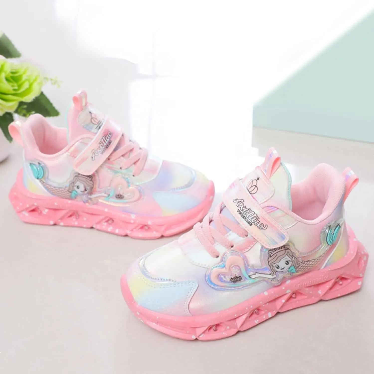 Girls Light Up Princess Shoes Slip On Sneakers Mermaid Shoes Breathable Mesh Sneakers Lightweight for Kids Toddler