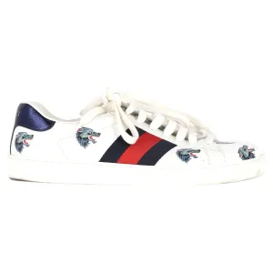 Gucci Ace Wolf Print Low-Top Sneakers in White Calfskin Leather