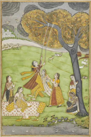 Ladies On A Swing - Mid-18Th Century - Vintage Indian Miniature Art Painting