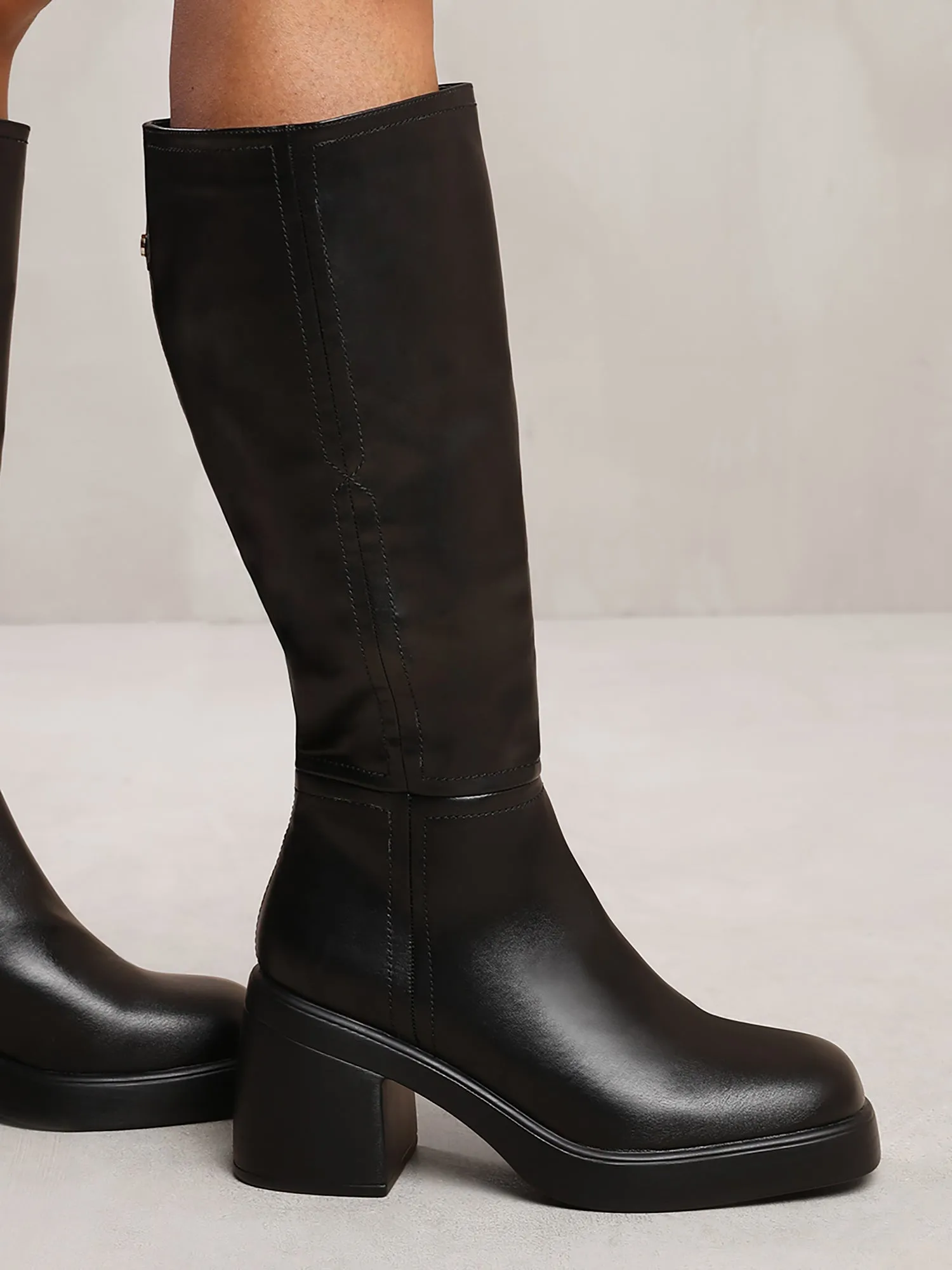 MADDIE BELOW KNEE BOOT WITH CHUNKY HEEL IN BLACK FAUX LEATHER