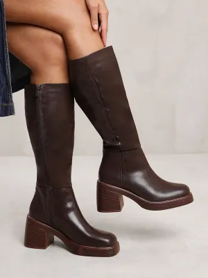 MADDIE BELOW KNEE BOOT WITH CHUNKY HEEL IN BROWN FAUX LEATHER