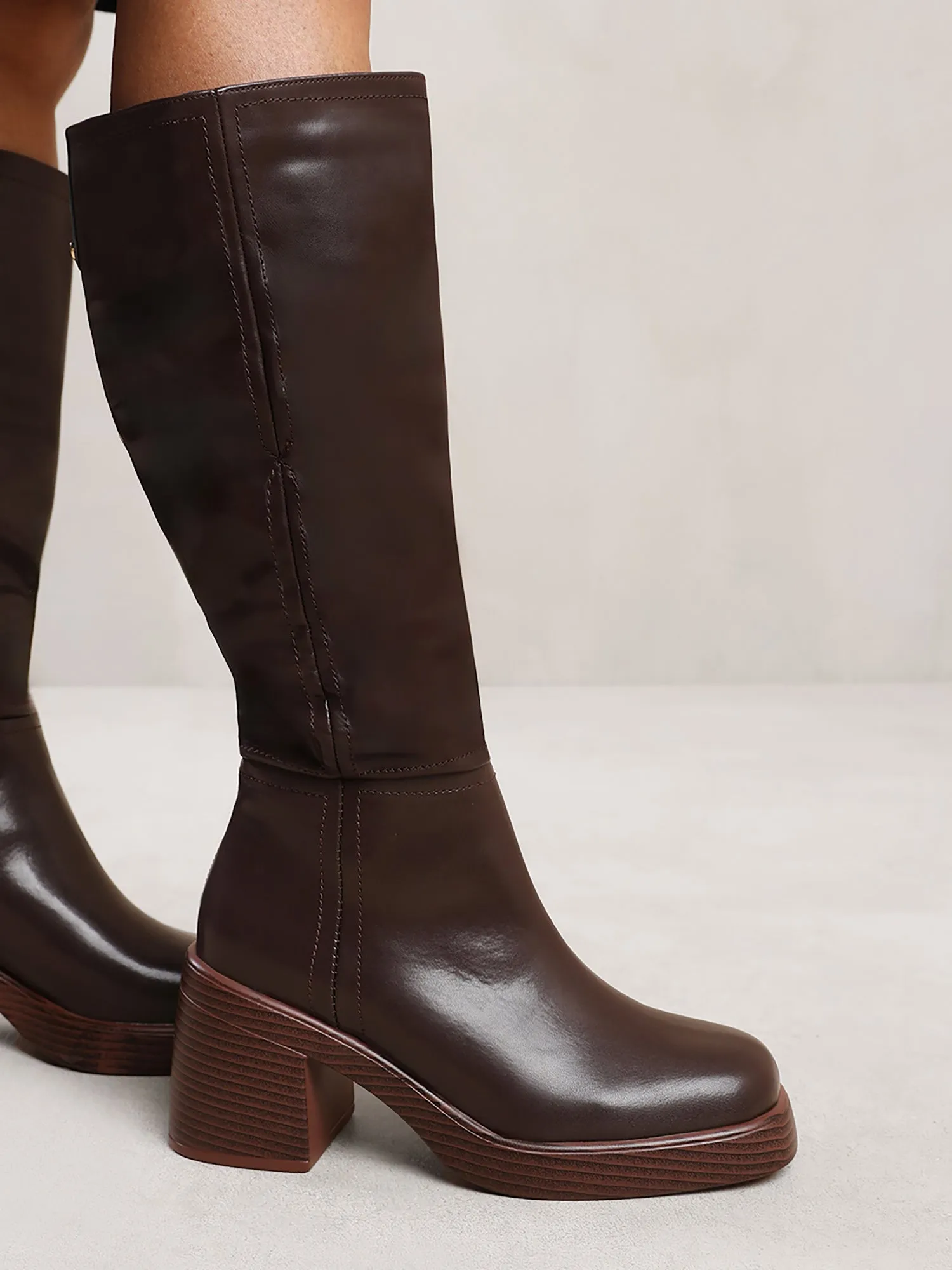 MADDIE BELOW KNEE BOOT WITH CHUNKY HEEL IN BROWN FAUX LEATHER