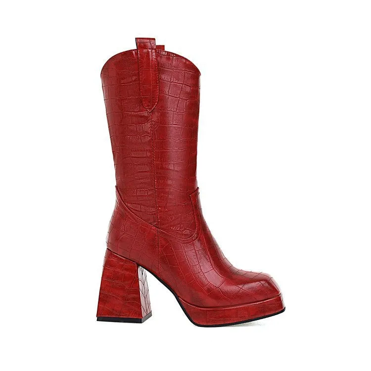 Pointed Toe Mid-Calf Boots Chunky Block Heel Booties for Women