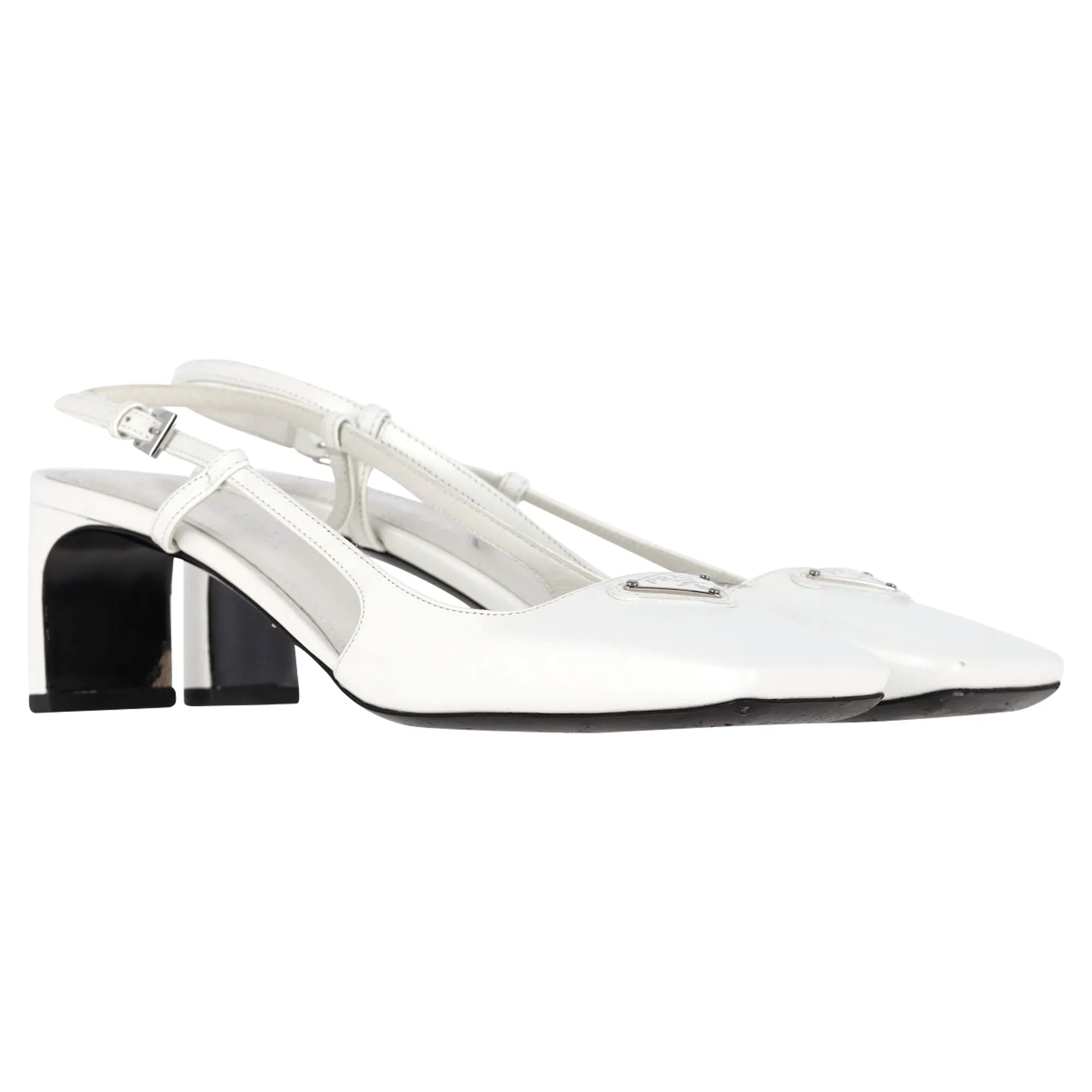 Prada Square-Toe Logo Slingbacks in White Leather
