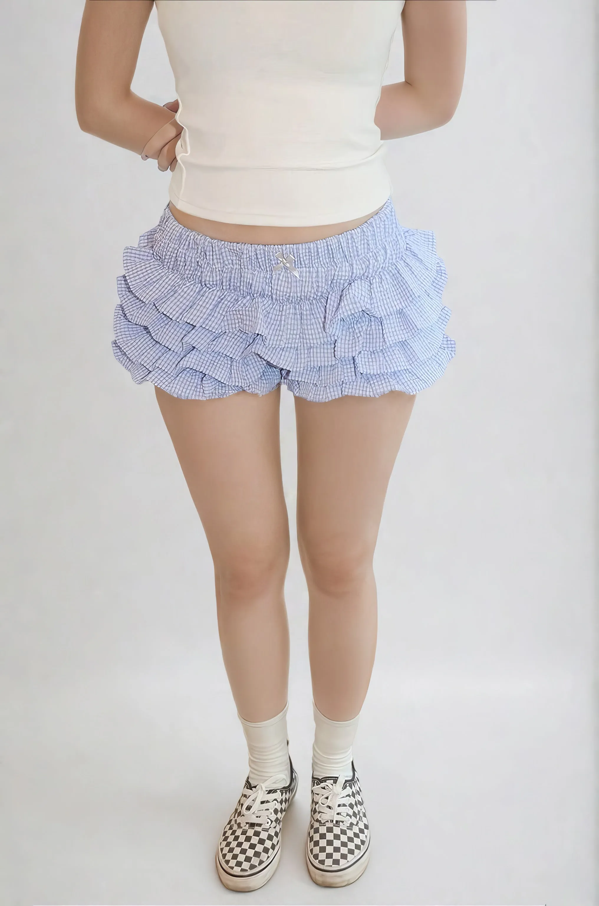 Ruffled Gingham Print Elastic Bloomer Shorts