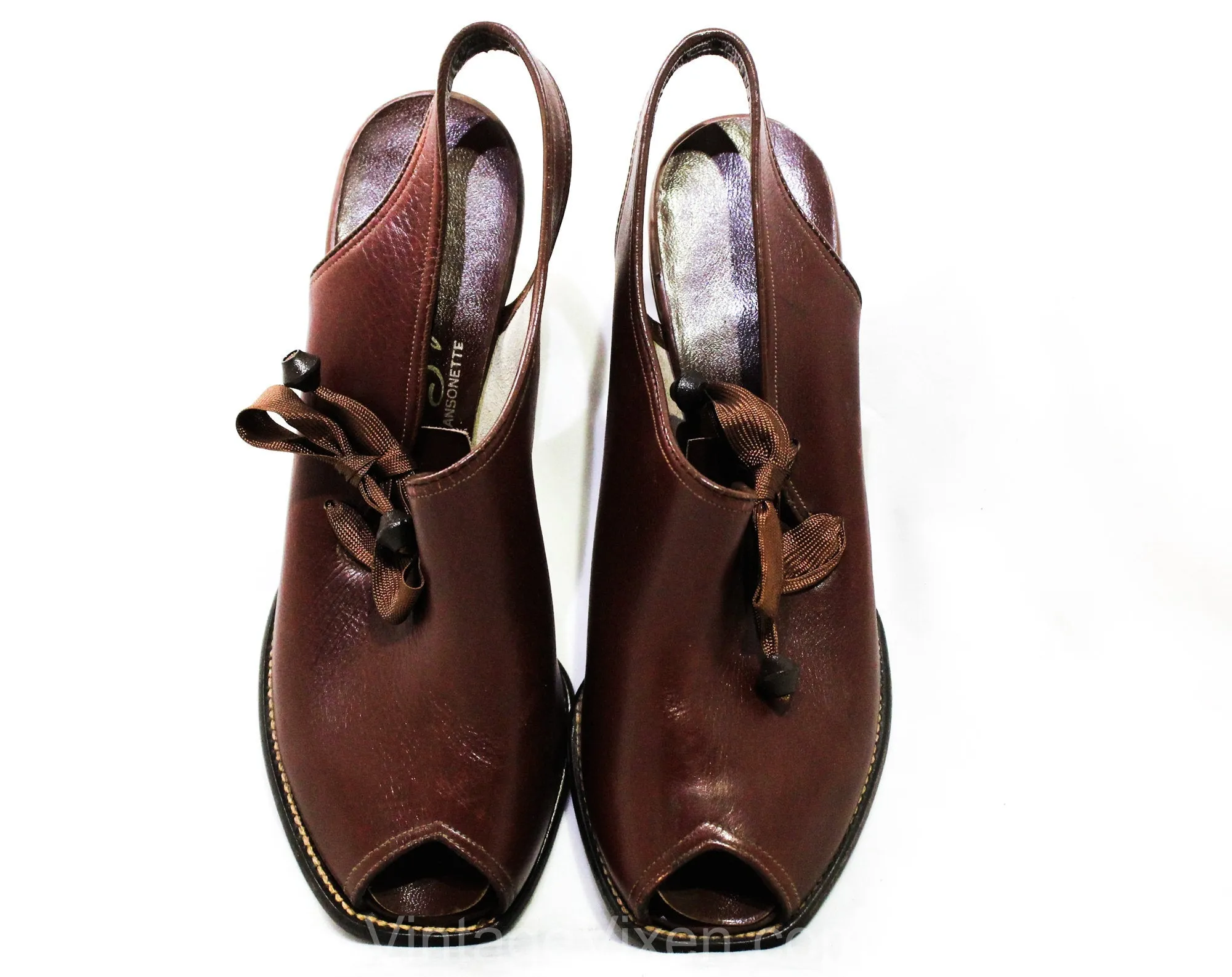 Size 5 1940s Brown Shoes - Terrific Asymmetric Lace Up Design - 5B Open Toe Leather Pumps with Wooden Beads - Chic 30s 40s NOS Deadstock