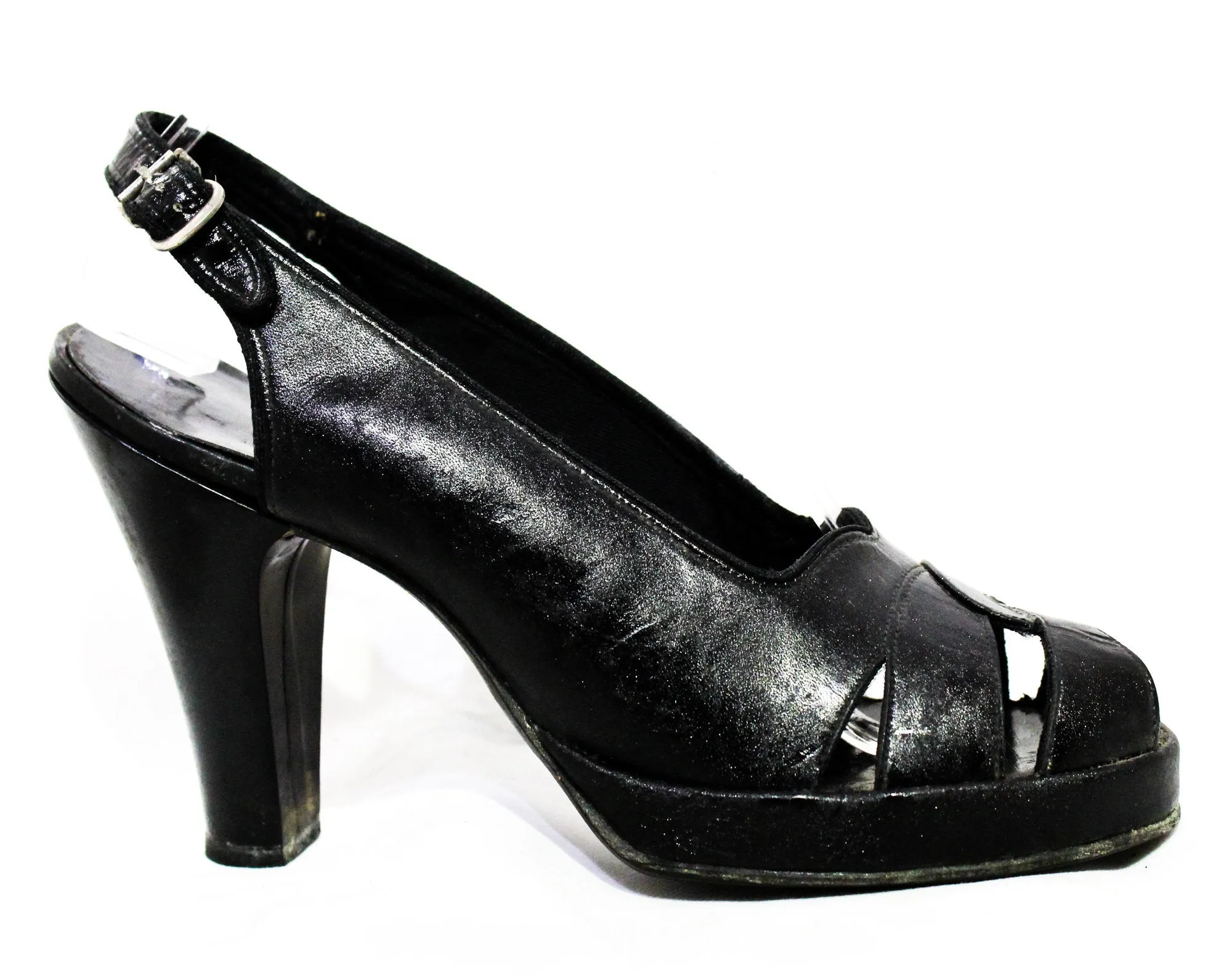 Size 6 1930s Black Shoes - Unworn As Is Peep Toe Platforms with Dovetailed Design - Beautiful Authentic 30s 40s Heels - Chic NOS Deadstock