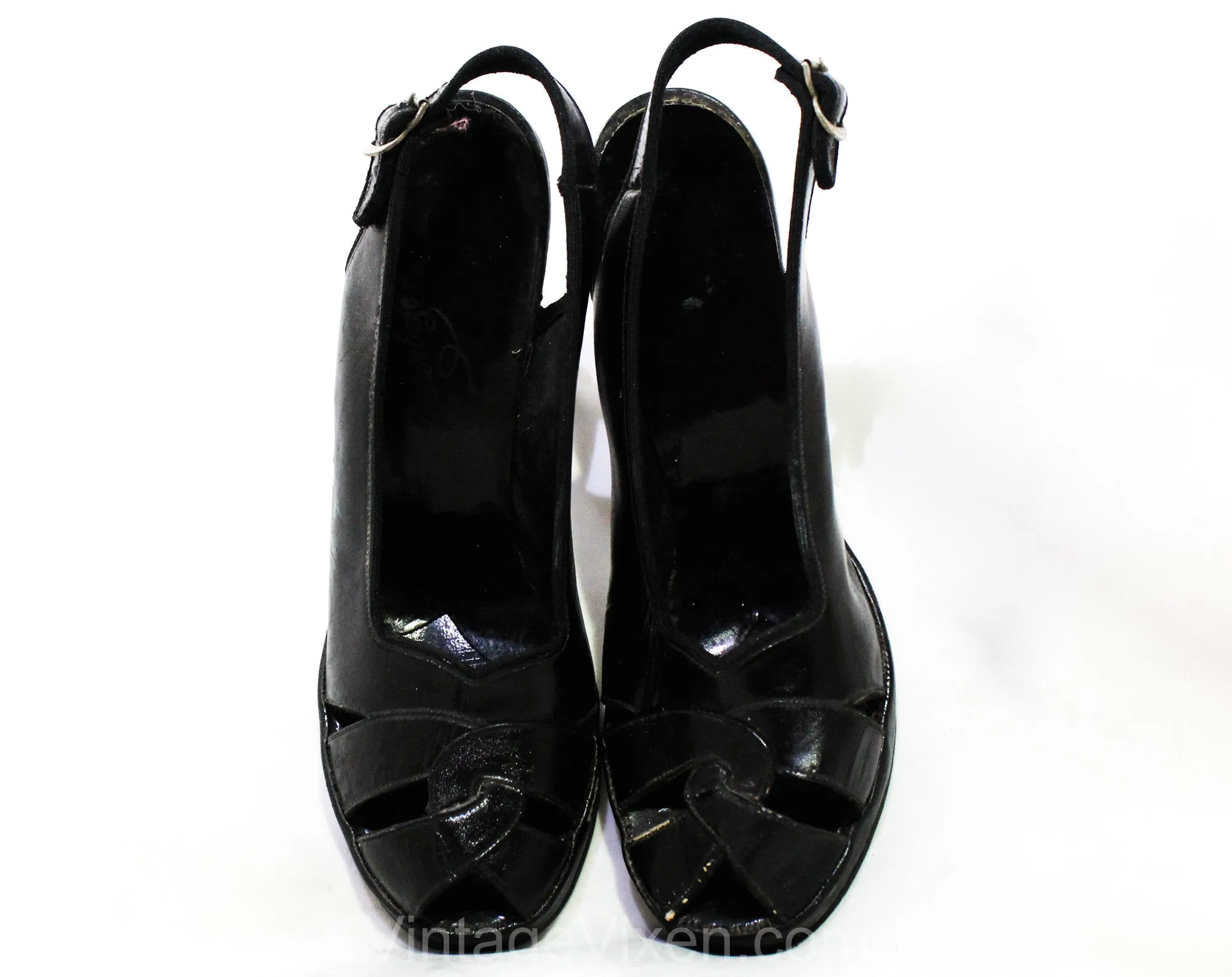 Size 6 1930s Black Shoes - Unworn As Is Peep Toe Platforms with Dovetailed Design - Beautiful Authentic 30s 40s Heels - Chic NOS Deadstock