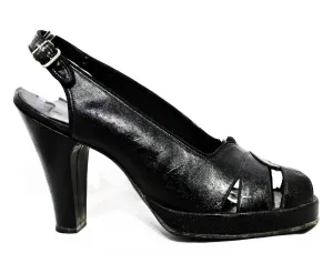 Size 6 1930s Black Shoes - Unworn As Is Peep Toe Platforms with Dovetailed Design - Beautiful Authentic 30s 40s Heels - Chic NOS Deadstock