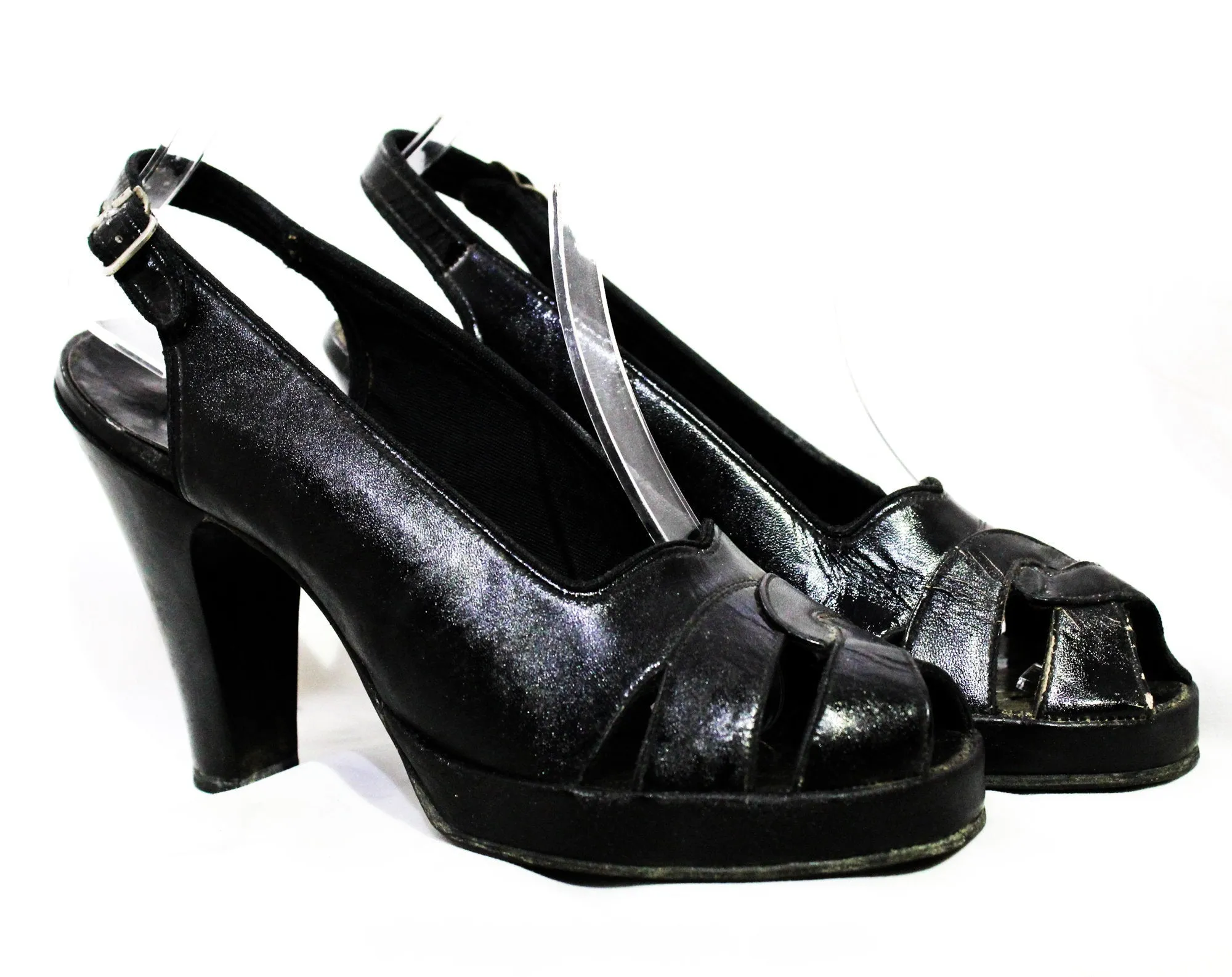 Size 6 1930s Black Shoes - Unworn As Is Peep Toe Platforms with Dovetailed Design - Beautiful Authentic 30s 40s Heels - Chic NOS Deadstock
