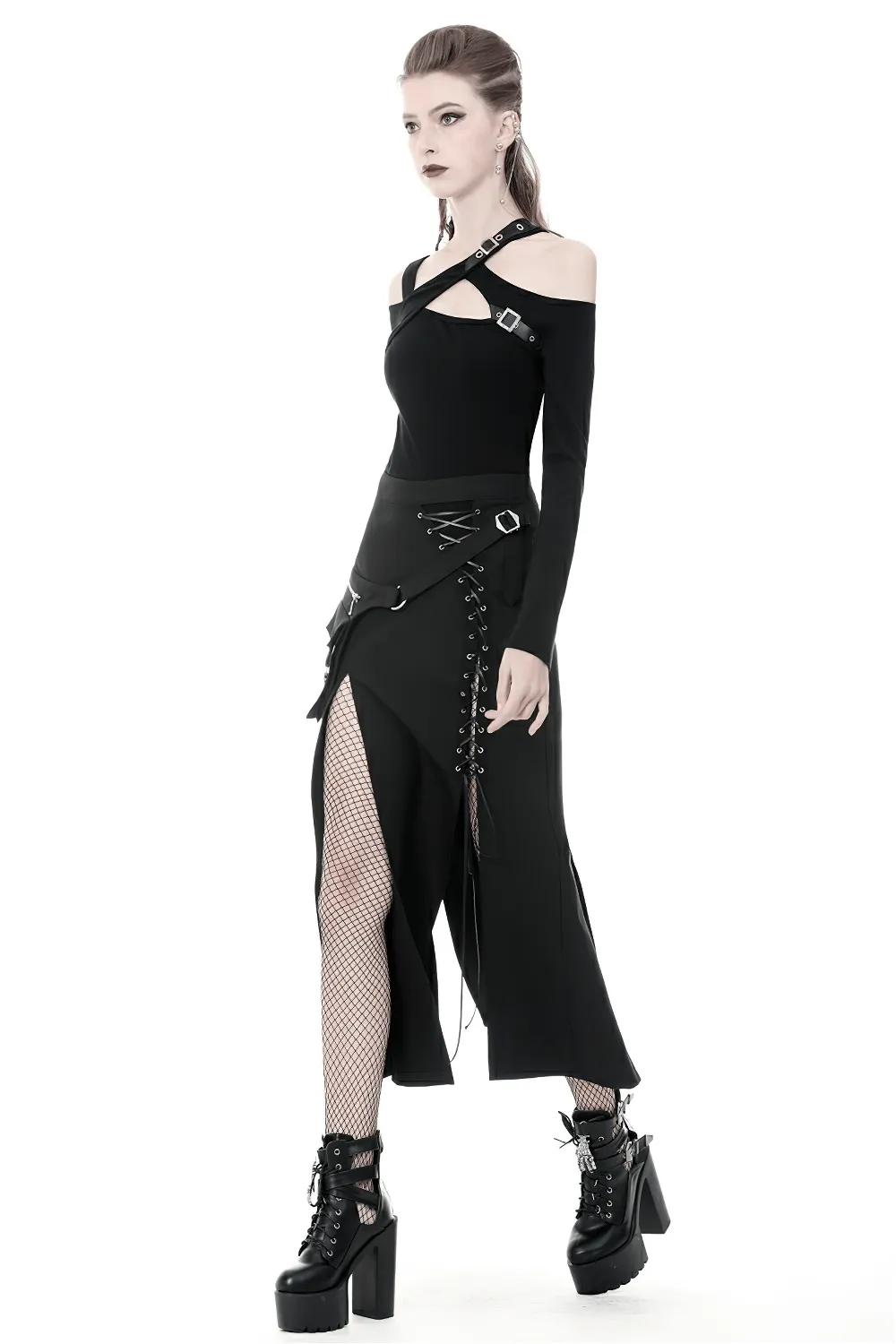 Stylish Gothic Lace-Up Metal Eyelet Skirt with Pockets