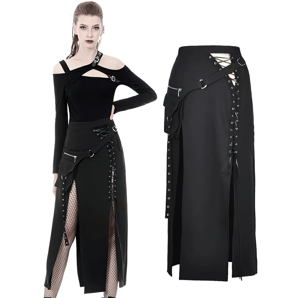 Stylish Gothic Lace-Up Metal Eyelet Skirt with Pockets