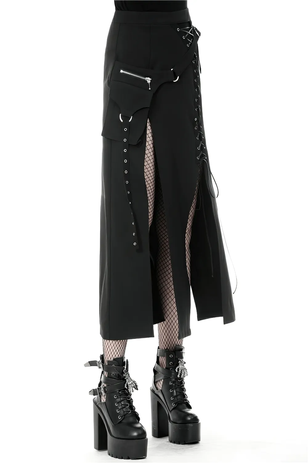 Stylish Gothic Lace-Up Metal Eyelet Skirt with Pockets