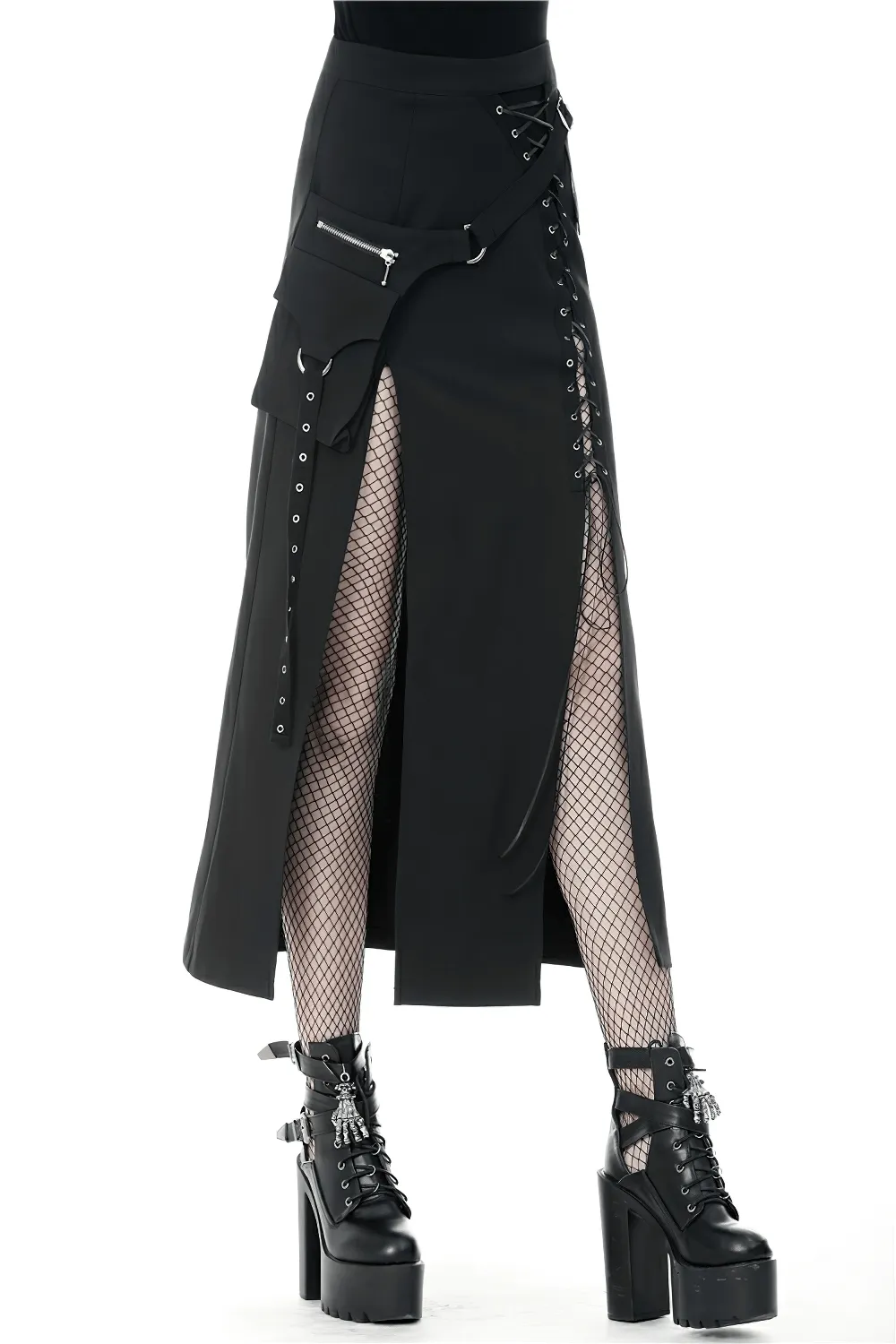 Stylish Gothic Lace-Up Metal Eyelet Skirt with Pockets