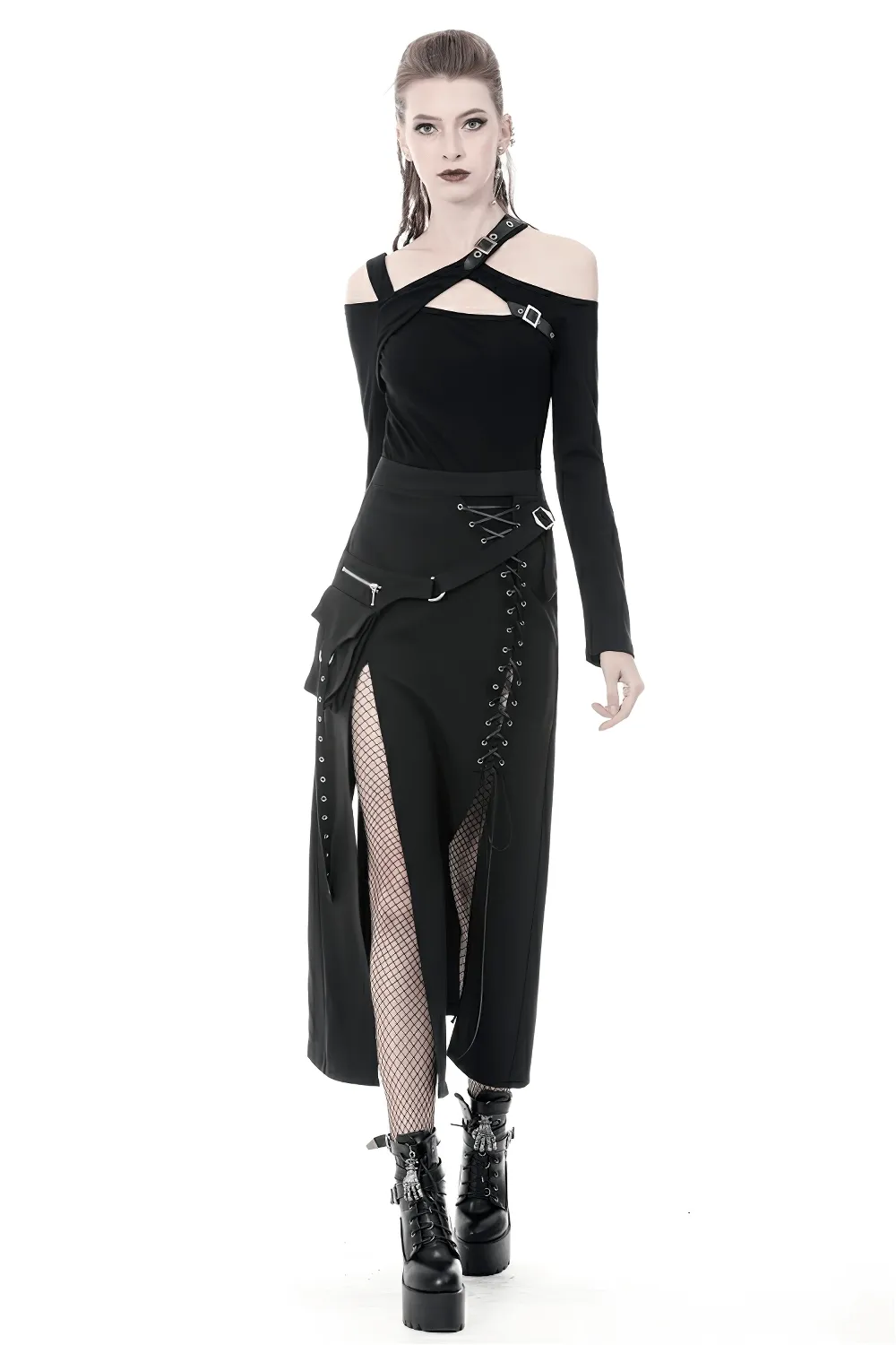 Stylish Gothic Lace-Up Metal Eyelet Skirt with Pockets