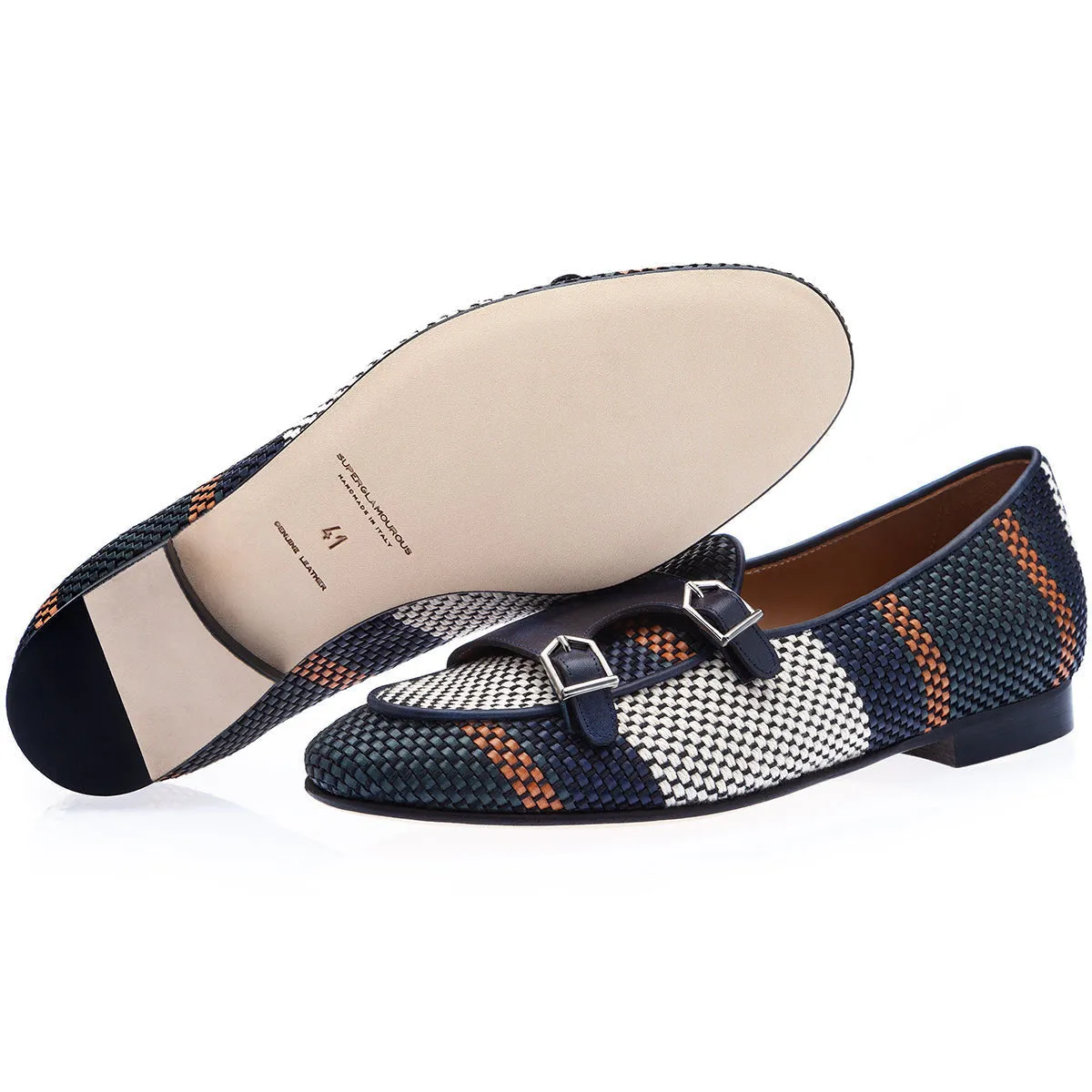 SUPERGLAMOUROUS Tangerine 7 Tetris Men's Shoes Multi-Color Hand-Loomed Leather Monk-Straps Belgian Loafers (SPGM1137)