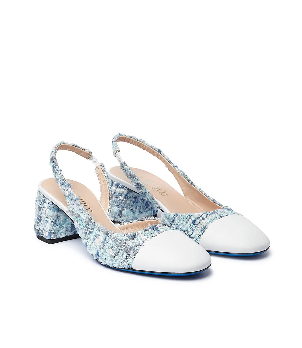 White nappa leather and light blue tweed slingback pumps