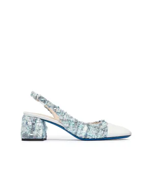 White nappa leather and light blue tweed slingback pumps