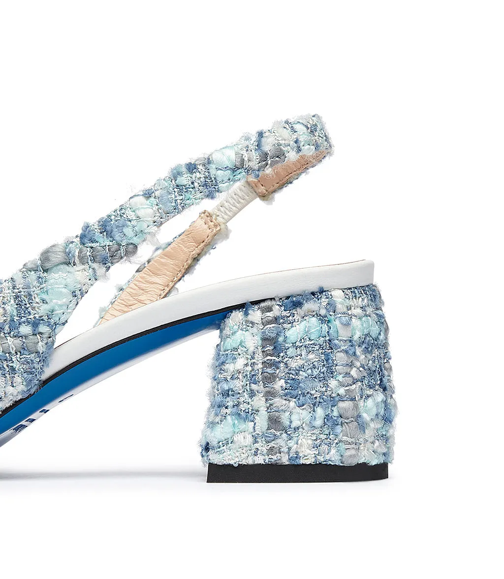 White nappa leather and light blue tweed slingback pumps