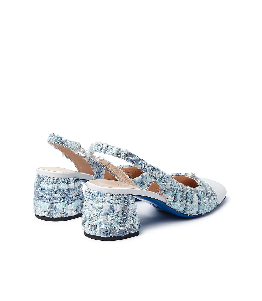 White nappa leather and light blue tweed slingback pumps