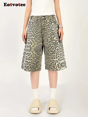 Women Leopard Print Jean Shorts High Waist Vintage Straight Pants Streetwear Y2K Wide Leg Denim Trouser